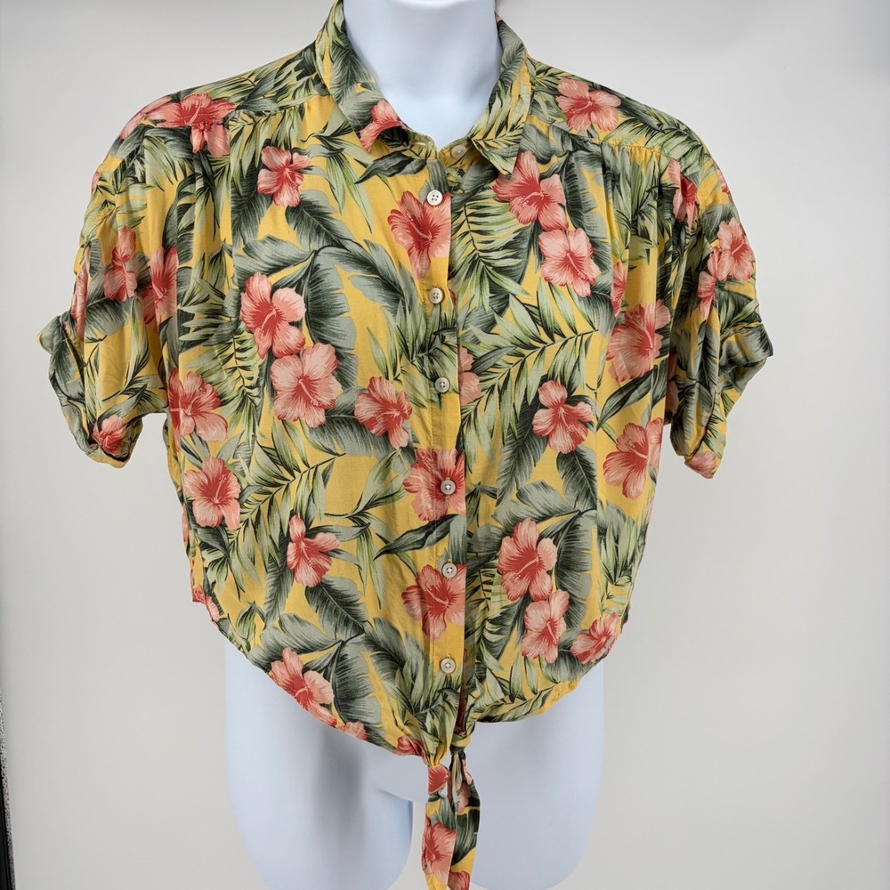 American Eagle Shirt Womens XL Yellow Tropical Tie‎ Front Cropped Hibiscus Boho